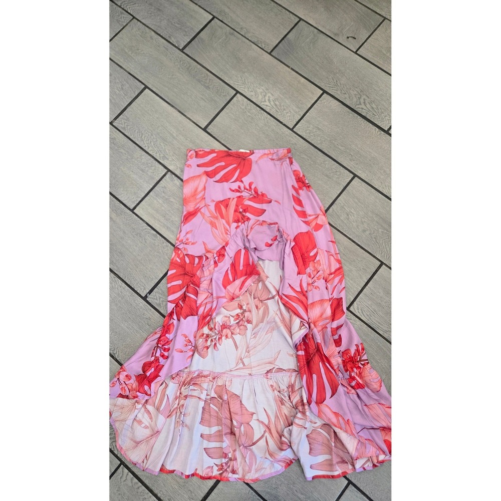 Self Contrast Pink Red Tropical Floral High Low Maxi Skirt Ruffle Hem Medium